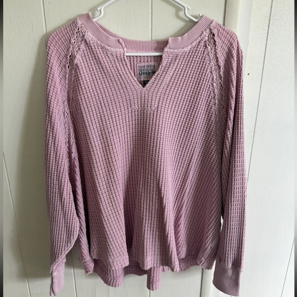 aerie Tops - AERIE LIGHT PURPLE WAFFLE KNIT V NECK OVERSIZED LONG SLEEVE LIVED IN PULLOVER XS
